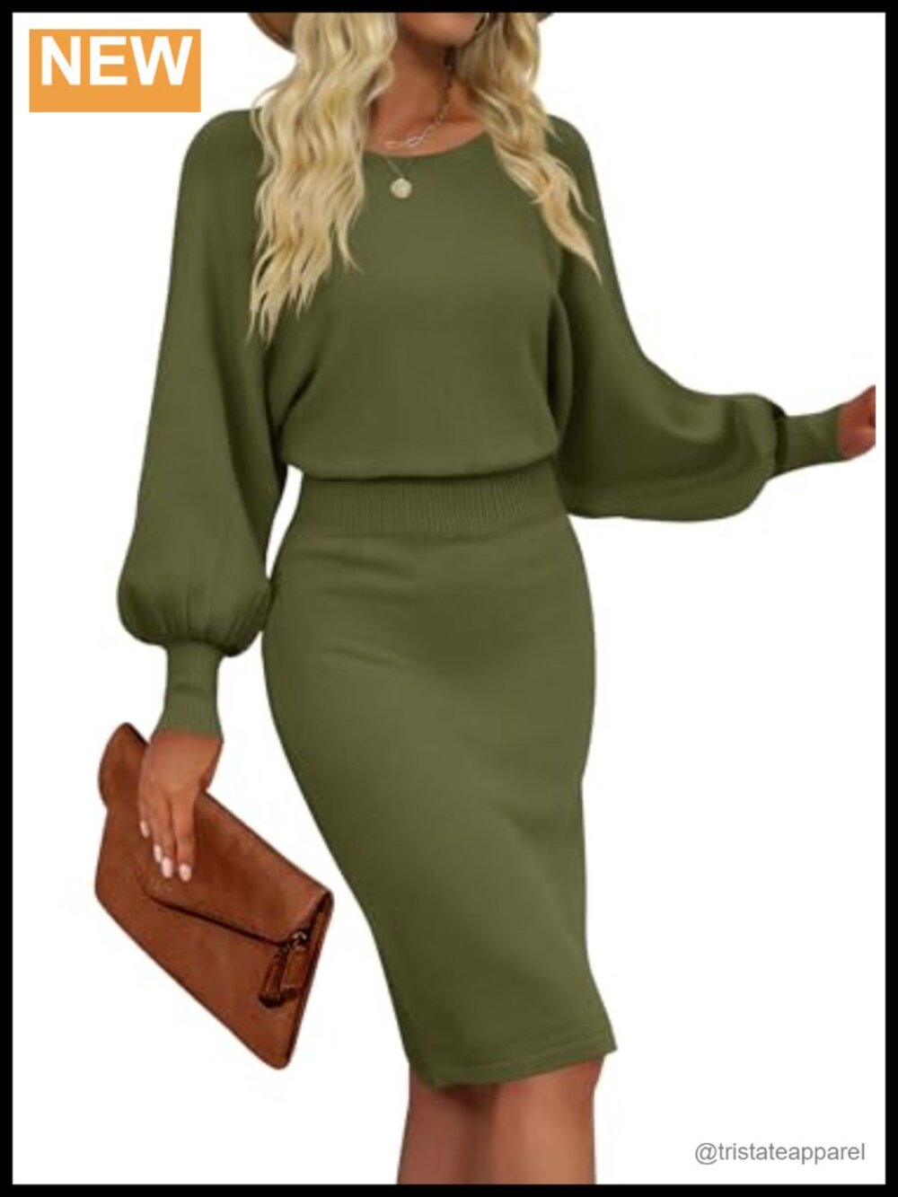 Women Ribbed Knit Bodycon Midi Sweater Dress Puff Sleeve Pullover